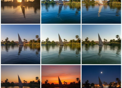 Licht, Spiegelungen und Farbveränderungen auf dem Nil im Tagesverlauf